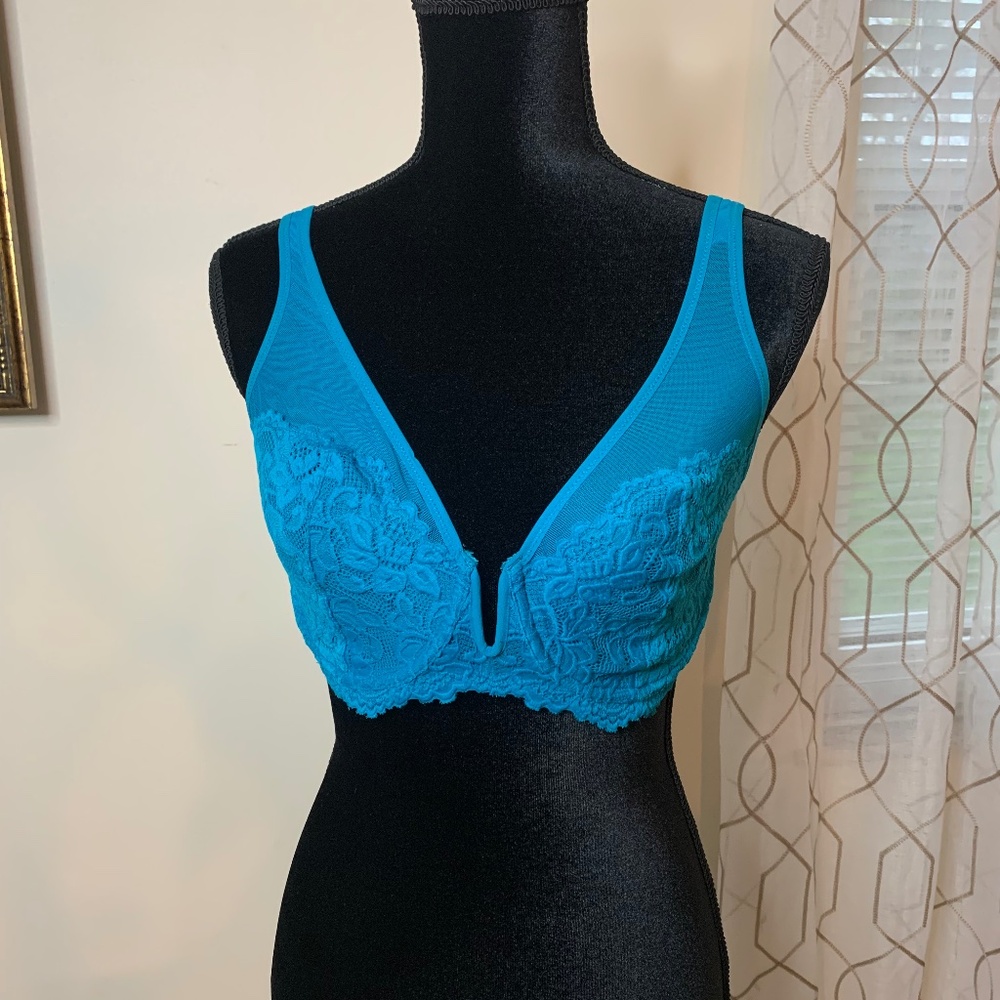 Fredericks of Hollywood, blue, lacy and sheer underwire bra, size 34F